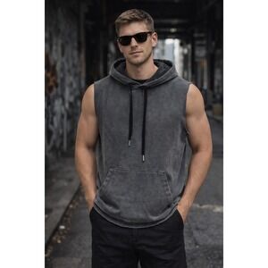 Venor Sleeveless Hoodie Washed Gray Athleisure Gym Streetwear Raw Hem Cut‎ Sz M